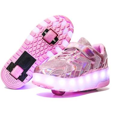 Imagem de Nsasy Tênis infantil com rodinhas para meninos e meninas com rodinhas e LED para e aniversário, B202 - rosa - duplo, 3 Little Kid