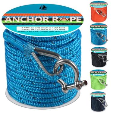 Imagem de Corda de âncora 30 pés 1/5.1 cm, linha de âncora trançada dupla com dedal e manilha de aço inoxidável 316, corda de âncora de barco ideal para reboque, amarração, deck, ancoragem, barcos de até 90 cm