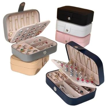 Imagem de Porta Jóias Multi-Função Portátil De Couro Organizador De Duplo Compartimentos Jóias Bijuterias(AZUL ESCURO)