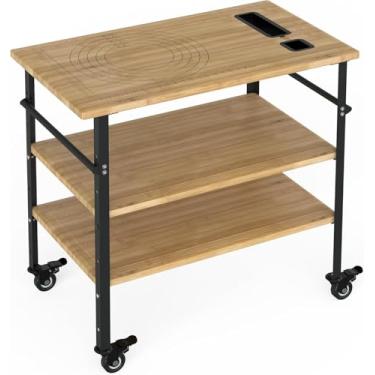 Imagem de Mesa de forno de pizza 84 x 51 x 90 cm, churrasqueira externa com 4 rodas, carrinho de bar de madeira de bambu com três prateleiras, preparação de refeições e mesa de churrasco, cor de madeira