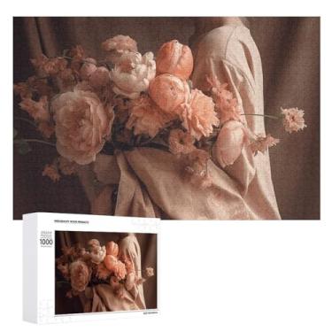 Imagem de Quebra-cabeça para adultos 1000 peças quebra-cabeça desafiador segurando um buquê de flores com letras na parte de trás quebra-cabeça personalizado perfeito para noites de jogos