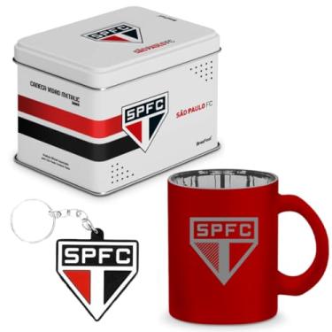 Imagem de Kit Caneca De Vidro Metalica 300ML Caixa Organizadora Metal + Chaveiro Tricolor SPFC