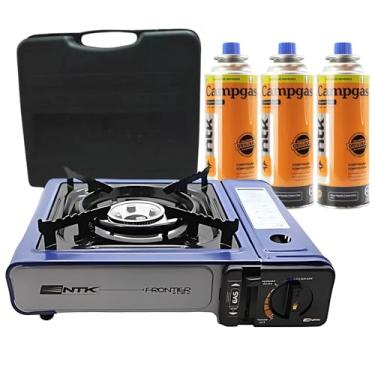 Imagem de Fogão Portátil em Aço Esmaltado, Ignição Eletrônica, Chama Regulável, com Apoio para Panela e 3 Refil