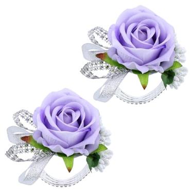 Imagem de Vkkperp Conjunto de 2 pulseiras de corpete de pulso para casamento, formatura, noiva, dama de honra, decoração de flor de rosa artificial, festa de aniversário de casamento (roxo claro)