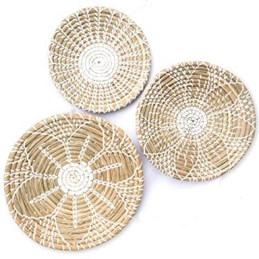 Imagem de Evovee Cesto de parede de tecido para pendurar decoração de parede de vime boho redondo arte de parede de vime cestas decorativas de algas marinhas para decoração de casa flor africana rústica natural