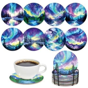 Imagem de Sitsink Porta-copos de pintura de diamante da aurora boreal – 8 peças DIY Northern Lights Diamond Art Coaster Kit de artesanato com tema de paisagem para adultos iniciantes presentes de artesanato