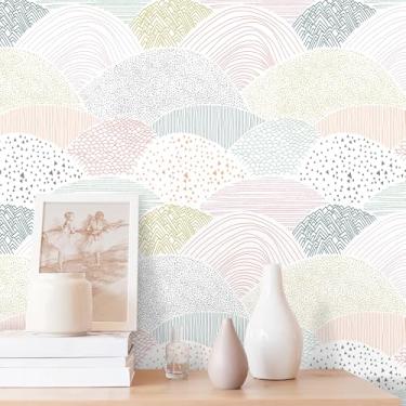 Imagem de CiCiwind Papel de Parede Removível Geométrico Arco-Íris Rosa e Azul-Petróleo, 118x16 Pol, 13,23 Pés Quadrados, Vinil Autoadesivo