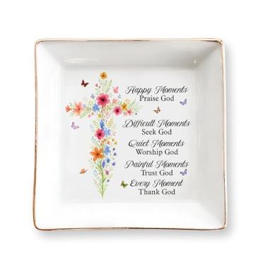 Imagem de Presentes cristãos para mulheres, presentes inspiradores de fé - Prato de joias com cruz floral de 10 cm, presente religioso para mãe, irmã, filha, amigos - versículo da Bíblia Católica, comunhão