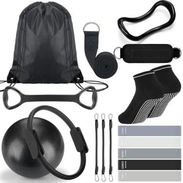 Imagem de RoundFunny Conjunto de anéis de pilates, 18 peças, acessórios de equipamentos de exercício para mulheres, exercícios, bola de pilates, alça de alongamento, círculo mágico, anel de ioga, academia