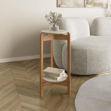 Imagem de Mesa Lateral 40cm com Pés de Madeira Lizz Casa D, Off White/Cedro