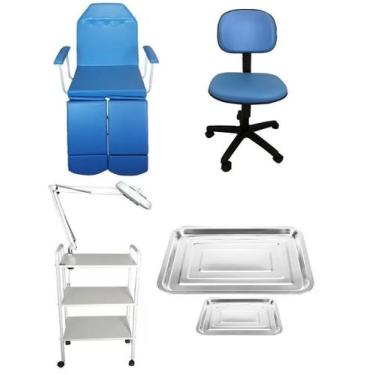 Imagem de Kit Podologia Azul Cadeira Luminária Exaustor Carrinho Mocho Bandejas 