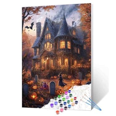 Imagem de Pintura por número Castelo assustador de Halloween DIY em tela com pincéis, tintas acrílicas, abóboras, morcegos, bruxa, Halloween, decoração de parede, pintura por números, para adultos iniciantes