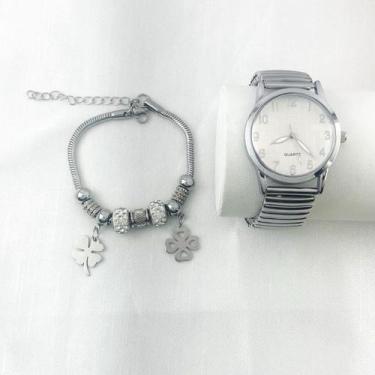 Imagem de Kit relógio e pulseira conjunto - NoBrand, Kit trevo prata