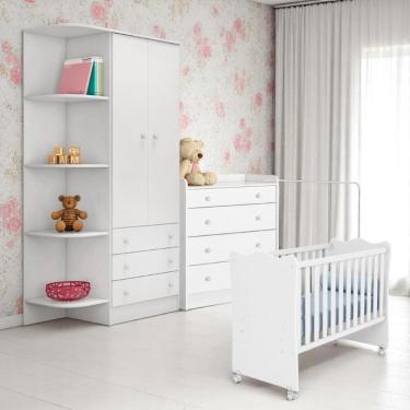 Imagem de Berço Doce Sonho Branco + Kit Rodízio + Cômoda C/ Trocador + Guarda-roupa 2p Doce Sonho