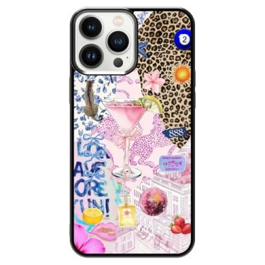 Imagem de qizjio Capa de telefone estética Y2K protetora à prova de choque vintage colagem de martini preppy cheetah impressão capas de telefone para iPhone 13 Pro Max