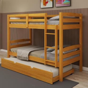 Imagem de Beliche Solteiro com Cama Auxiliar de Madeira Maciça Mel com Grade de 