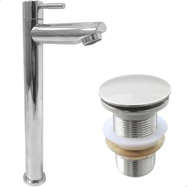 Imagem de Dona D Cor, Torneira Pia Banheiro Bica Alta Cromada 1/4 De Volta E Valvula Click 1 1/4 Inox Kit Banheiro