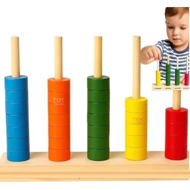 Imagem de Ábaco Aberto 5 hastes com 50 Argolas coloridas em Madeira Brinquedos Educativos - Ábaco Aberto Vertical