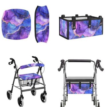 Imagem de LedBack Conjuntos de acessórios Walker Bolsa de cadeira de rodas para idosos Rollator Walker Rollator Capas de assento e encosto de andador impressão de mármore roxo, fácil de instalar