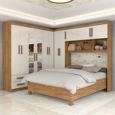 Imagem de Guarda-Roupa Casal Modulado com Cama Belgrado 11 Portas 6 Gavetas com Espelho Cinamomo/Off White - Panorama Móveis