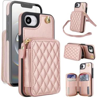 Imagem de Capa de celular para iPhone 16e/SE 2025/SE 4 carteira com protetor de tela de vidro temperado, alça de pulso, bloqueio de RFID, compartimento para cartão i Phone16e i16e 16 e SE4 4ª geração 16eCase