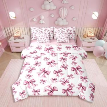 Imagem de Erosebridal Conjunto de edredom casal com laço rosa, 7 peças, fita kawaii, feminina, microfibra para crianças, meninas, lençol com estampa de gravata borboleta fofa para cama, jogo de cama sonhador de