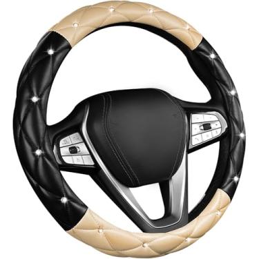 Imagem de Capa de volante de carro brilhante, capa de roda automotiva de couro macio antiderrapante de 38 cm, strass de cristal para mulheres e meninas, acessórios de decoração universal para carro (preto +