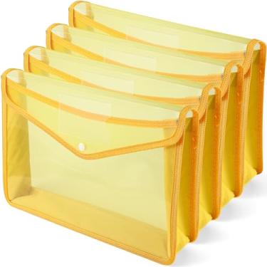 Imagem de Pacote com 4 pastas expansíveis de plástico A4, organizador de documentos à prova d'água com botão de pressão, vários bolsos, armazenamento de escritório doméstico (amarelo)