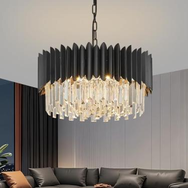 Imagem de YOLIZUOT Lustre De Cristal Preto De 20'', Lustre Redondo De Cristal K9 Ajustável, 4 Níveis, Grande, Moderno, 6 Luzes Para Sala De Jantar, Sala De Estar, Cozinha, Hall De Entrada
