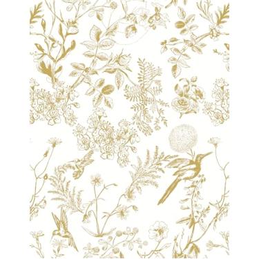 Imagem de Safiyya Descole e cole papel de parede dourado e branco papel de parede floral pássaros papel de parede moderno boho removível autoadesivo rolos de vinil