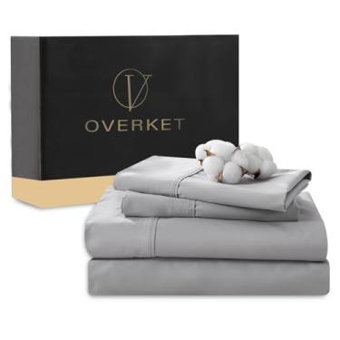 Imagem de Overket Jogo de lençóis de algodão egípcio de 1000 fios, tamanho Queen, 4 peças, trama de cetim, macio, respirável, bolso profundo de 40,6 cm (Queen, cinza)