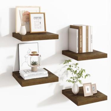 Imagem de Fun Memories Prateleiras quadradas flutuantes para parede – Prateleiras flutuantes profundas com suportes invisíveis, prateleira de parede pequena marrom para sala de estar, banheiro, quarto e