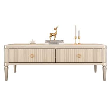 Imagem de Mesa de centro moderna de prata, mesa de centro retangular, mesa de sofá com 2 gavetas e pernas de madeira estável, mesa central de sala de estar, mesa de chá, mesa lateral (tamanho: 130 x 60 x 45 cm)