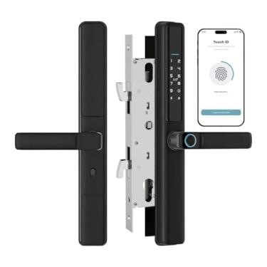 Imagem de Fechadura inteligente fina para portas deslizantes – Entrada sem chave 6 em 1 com impressão digital, senha, cartão IC, controle de aplicativo, chave + campainha embutida | Tuya WiFi, trava automática