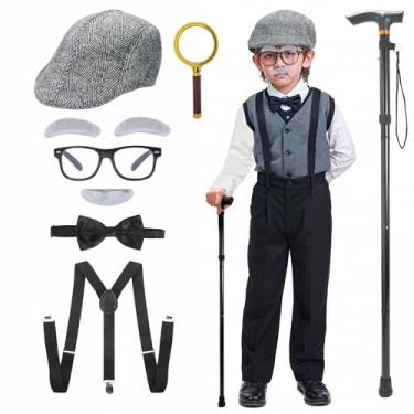 Imagem de TaikaoQi Fantasia de velho para crianças, fantasia de 100 dias de escola para meninos – acessórios de cosplay de vovô com chapéu, óculos, bengala, gravata borboleta, suspensórios, lupa, sobrancelhas e