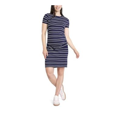 Imagem de Motherhood Maternity Mini vestido feminino de gola redonda manga curta franzido lateral canelado colado ao corpo, Casacoat/listras brancas antigas, G