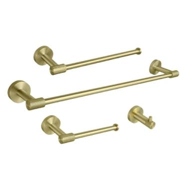 Imagem de Suporte para toalhas de parede em aço inoxidável dourado escovado, suporte para papel higiênico, gancho para roupão, porta-copos, escova de vaso sanitário, acessórios para banheiro, conjunto com 4 pe