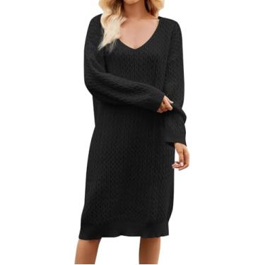 Imagem de Mulheres Vestido De Lã Manga Longa Decote Em V Outono Inverno Vestido Jumper Preto Branco Ajuste Largo Casual Midi Longo Vestido Pulôver Vestido De Inverno Para Mulheres, Black, M