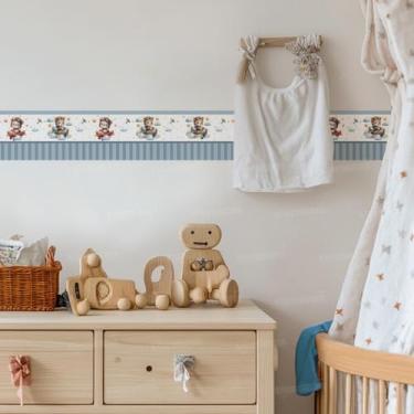Imagem de Adesivo de Parede Ursinho 06 Aviador Azul Faixa Decorativa Infantil com Estrelas e Nuvem para Quarto de Bebê
