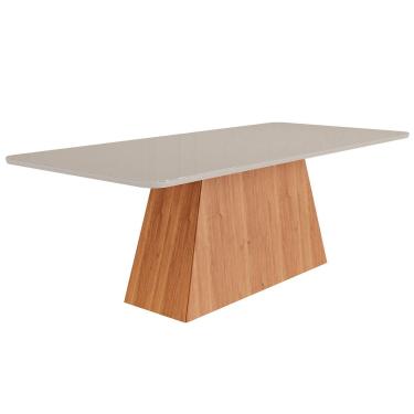 Imagem de Mesa p/ Cozinha Helena c/ Tampo Madeirado c/ Vidro 210x100cm Cinamomo/Off White - Cimol
