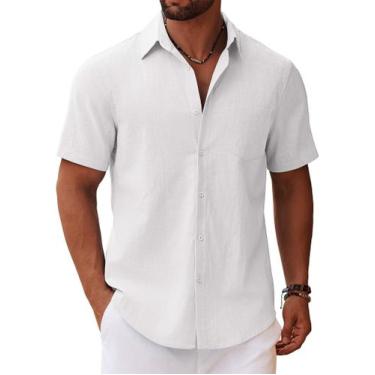 Imagem de Camisa masculina COOFANDY com botões, manga curta, algodão branco