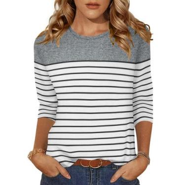 Imagem de Camiseta feminina Zeagoo, gola redonda, manga 3/4, listrada