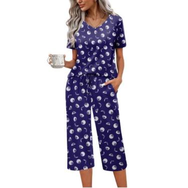 Imagem de Conjunto de pijama feminino Ekouaer de manga curta de algodão com calç