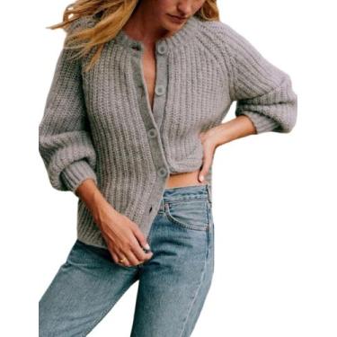 Imagem de Suéter Cardigan Acmplla Chunky Knit Button Grey para mulheres