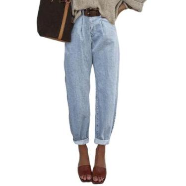 Imagem de Jeans Astylish, cintura alta, folgada, namorado, feminino, azul celest