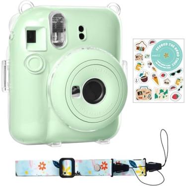 Imagem de Rieibi Capa para câmera Mini 12 – Capa protetora transparente para câmera instantânea Fujifilm Instax Mini 12 – Capa rígida de PC com alça de ombro removível, Estojo de atualização e adesivo verde,