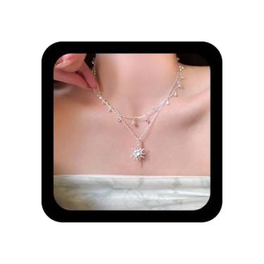 Imagem de Ximdble Colar vintage com pingente de girassol em camadas, colar com pingente de ponto de cristal, strass, sunburst, corrente brilhante, colar gargantilha para mulheres