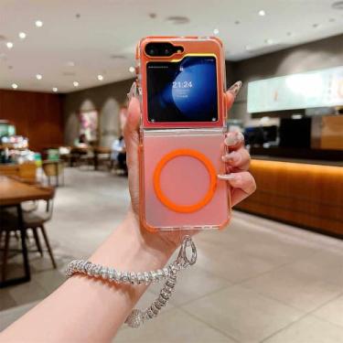 Imagem de Capa com pulseira gradiente Aurora para Samsung Galaxy Z Flip 6 5 4 com corrente de pulso de diamante brilhante, capa de acrílico fosco, laranja SL, para Samsung Galaxy Z Flip6