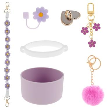 Imagem de Conjunto de 6 acessórios de copo para Stanley, alça de alça de garrafa de água, acessórios de copo reutilizáveis de silicone, inclui capa de canudo de bota de silicone bola pompom margarida chaveiro