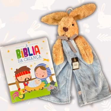 Imagem de Kit Naninha Infantil + Livro "A Bíblia da Criança" para Dormir Bebê Premium Presente (Azul Claro, Coelhinho)